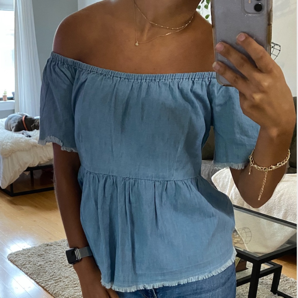 Flowy Off the Shoulder Frayed Denim Top